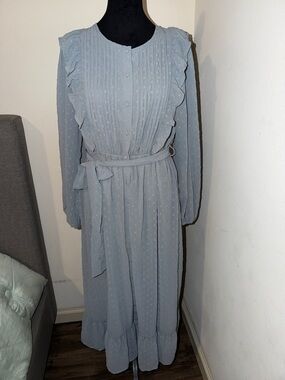 Soft Sky Long Sleeve Ruffle Midi Dress with Tie Waist